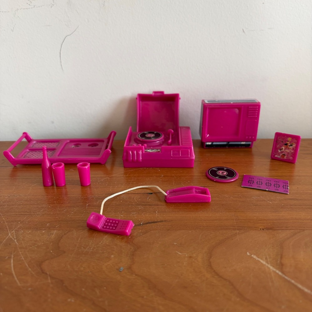 Vintage 80s Barbie Accessories Hot Pink Record Player TV Phone Mattel Lot